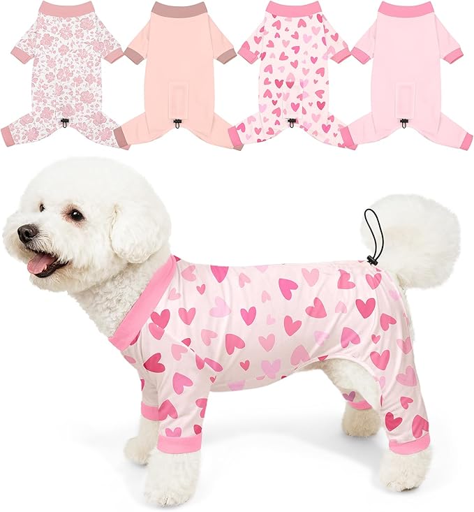 Bienbee Dog Pajamas, 4 Pack Dog Recovery Suit Shedding Suit Cute Soft Puppy Clothes Dogs Pjs Onesies Jammies Adjustable Breathable & Stretchy Clothes for Small Medium Large Dogs Girl Boy Puppy-M