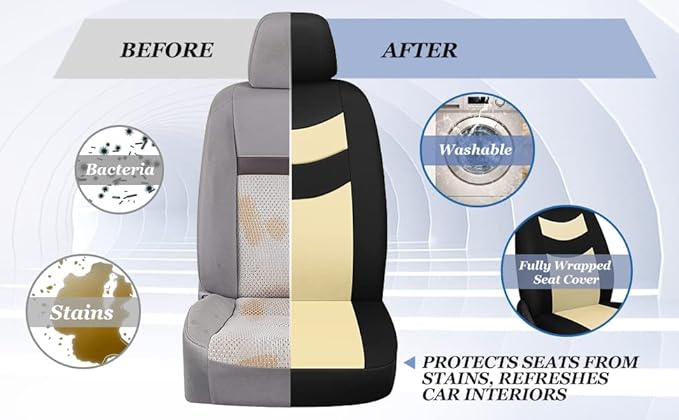 Universal Car Seat Covers for Front Seats, Cloth Front Car Seat Cover, Easy to Install, Breathable and Washable Universal Interior Covers for Auto, SUV, Sedan, Van, Airbag Compatible, Black & Beige