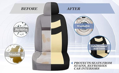 Universal Car Seat Covers for Front Seats, Cloth Front Car Seat Cover, Easy to Install, Breathable and Washable Universal Interior Covers for Auto, SUV, Sedan, Van, Airbag Compatible, Black & Beige