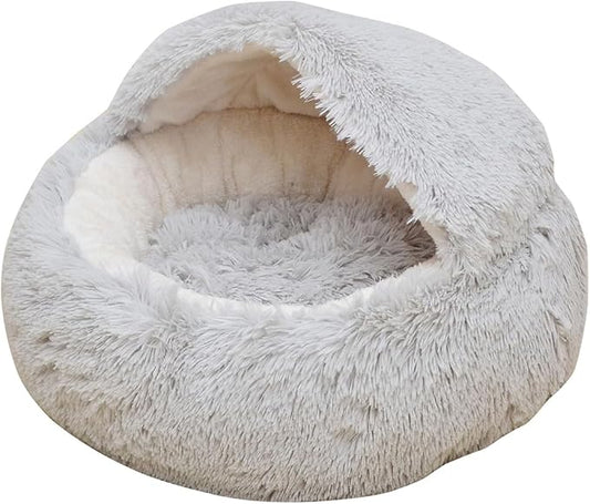 PetPals Round Cat Bed with Hoodie Cover and Removeable Washable Cushion, Super Soft Faux Fur Pet Bed for Puppy and Kitten with Anti-Slip Bottom (Faux Fur Igloo)