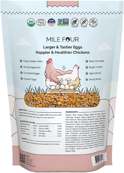Mile Four Organic Chicken Feed – Layer Whole Grain, Non-GMO, USA Grown, 16% Protein, Corn-Free, Soy-Free, Non-Medicated Feed for Chickens, 2 lb Sample