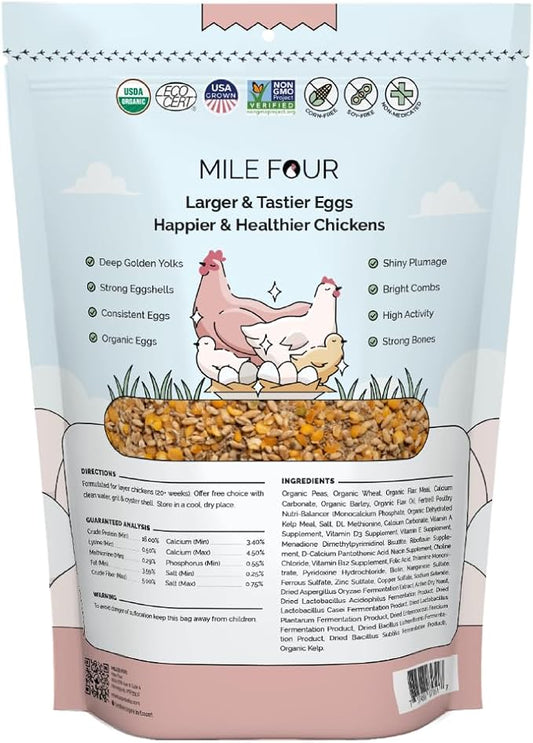 Mile Four Organic Chicken Feed – Layer Whole Grain, Non-GMO, USA Grown, 16% Protein, Corn-Free, Soy-Free, Non-Medicated Feed for Chickens, 2 lb Sample