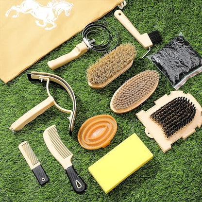 Abbylike 12 Pieces Horse Grooming Kit Equine Care Brushes, Khaki