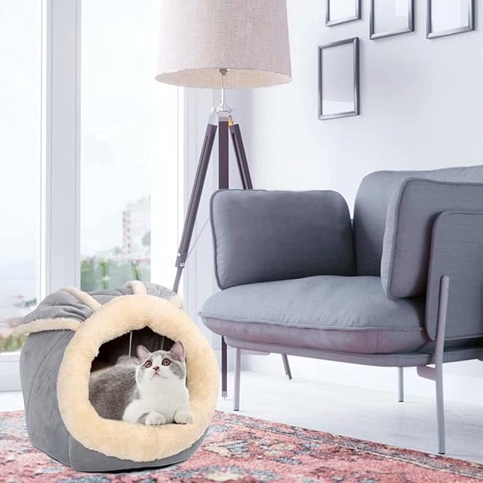 Cat Beds for Indoor Cats - Small Dog Bed with Anti-Slip Bottom, Rabbit-Shaped Cat/Small Dog Cave with Hanging Toy, Puppy Bed with Removable Cotton Pad, Super Soft Calming Pet Sofa Bed (Grey M)