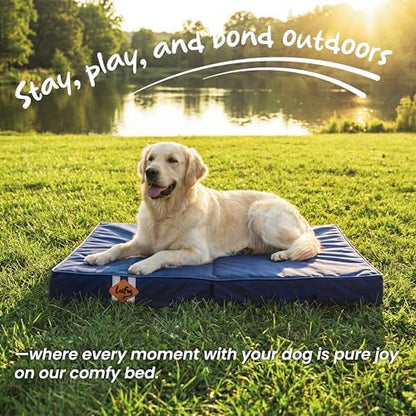 Laifug Foldable Waterproof Dog Bed for Large Dogs - Outdoor Orthopedic Dog Bed with Washable Removable Cover, Pet Mattress with Handles, Navy Blue, (44 x 32 x 3.5 inches)