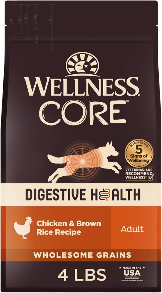 Wellness CORE Digestive Health Adult Dry Dog Food, Wholesome Grain Kibble, Sensitive Stomach, Natural, High Protein, Chicken Recipe, 4 lb Bag