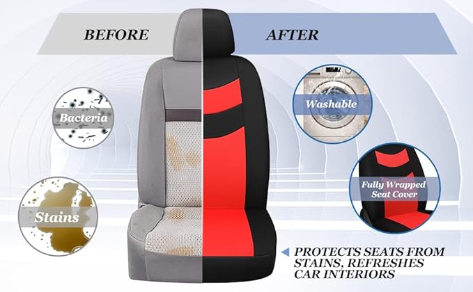 Tapha Universal Car Seat Covers Full Set - Front and Rear Split Bench, Easy to Install, Breathable and Washable Universal Interior Covers for Auto, SUV, Sedan, Van, Airbag Compatible, Black & Red