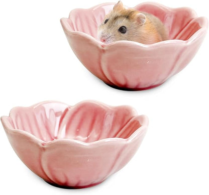 BNOSDM 2 Pcs Hamster Ceramic Food Bowl Flower Series Gerbil Drinking Bowls Anti-Turning Food & Water Dish for Dwarf Syrian Hamsters Gerbil Chinchilla（Pink, Narcissus Pattern）