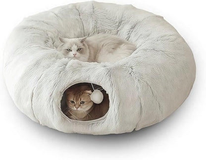 Cat Bed, cat Tunnel, Foldable Machine Washable Plush cat Bed, Grey (33.46 inches), with Hanging Toys, Suitable for Multiple