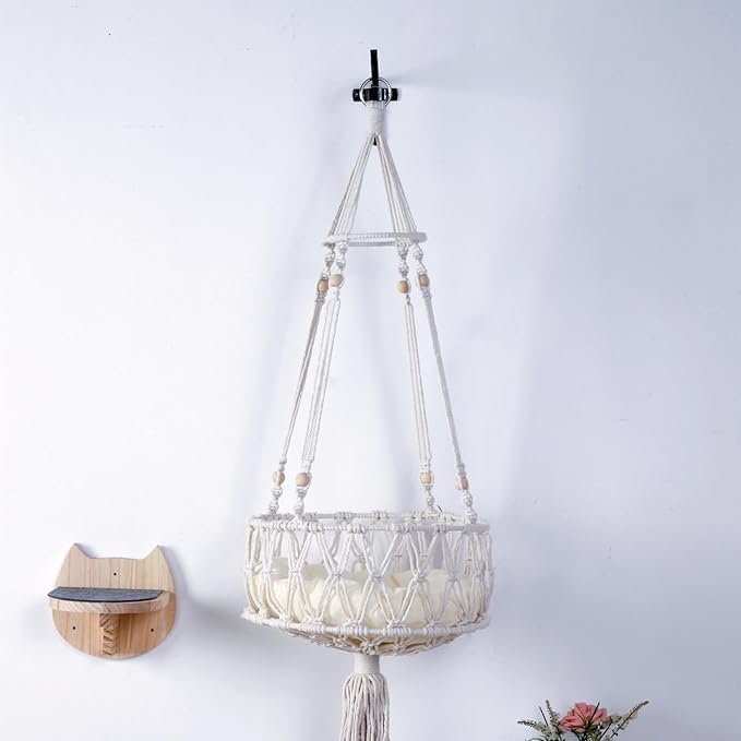SHENGOCASE Macrame Boho Cat Hammock with 3 Steps and Hook, Wall Mounted Swing Bed, Hanging Cat Bed for Indoor Cats, Wall Furniture (13")