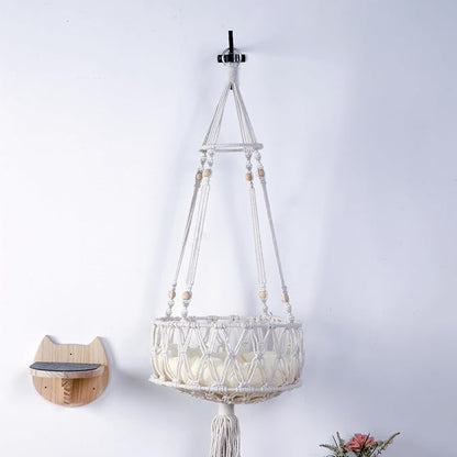 SHENGOCASE Macrame Boho Cat Hammock with 3 Steps and Hook, Wall Mounted Swing Bed, Hanging Cat Bed for Indoor Cats, Wall Furniture (13")