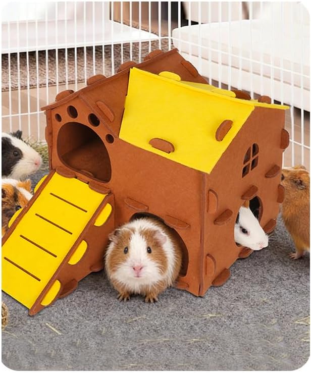Felt Guinea Pig Hedgehog Hamster Ferret House, 2 Layer with Window Slider, Cozy Small Animal Hideout