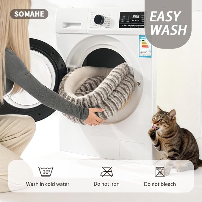 Cat Bed, Round Plush Faux Fur Donut Cuddler – Machine Washable Calming Cat Bed for Indoor Cats & Kittens, Removable Cushion Non-Slip Fluffy Kitten Bed, Cozy Small Cat Nest, 20" Inch Coffee