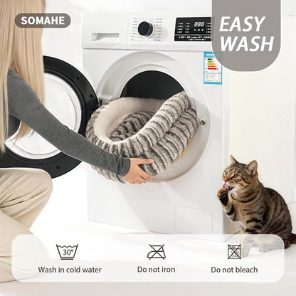 Cat Bed, Round Plush Faux Fur Donut Cuddler – Machine Washable Calming Cat Bed for Indoor Cats & Kittens, Removable Cushion Non-Slip Fluffy Kitten Bed, Cozy Small Cat Nest, 20" Inch Coffee