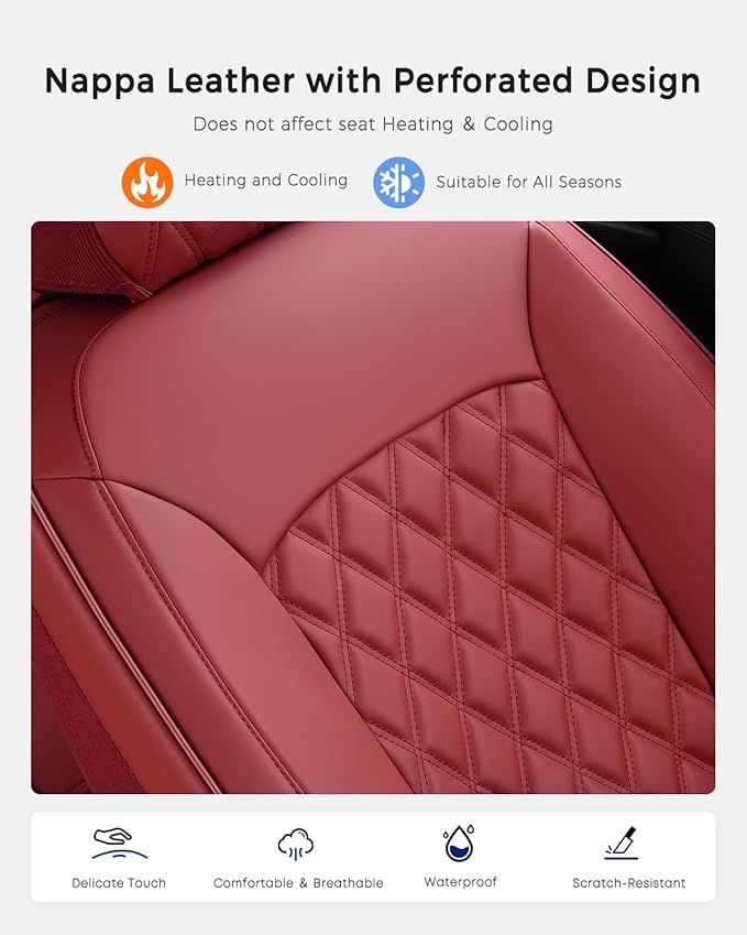 Huidasource Red Front Seat Cover, Nappa Leather Front Car Seat Cover, Side Elastic Fabric, Compatible with Airbags, Seat Belts, Universal Fit for Most Cars, Vans, Trucks, SUVs (Front Pair/Red)