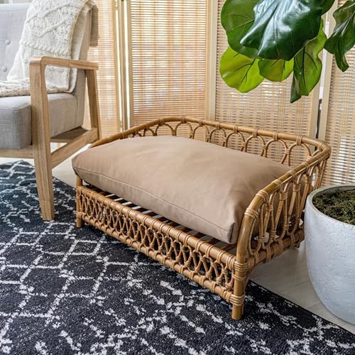 DBD1005A Elevated 27.5" x 17" Bohemian Handwoven Rattan Dog Daybed with Machine-Washable Cushion, Natural