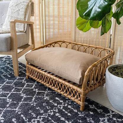 DBD1005A Elevated 27.5" x 17" Bohemian Handwoven Rattan Dog Daybed with Machine-Washable Cushion, Natural