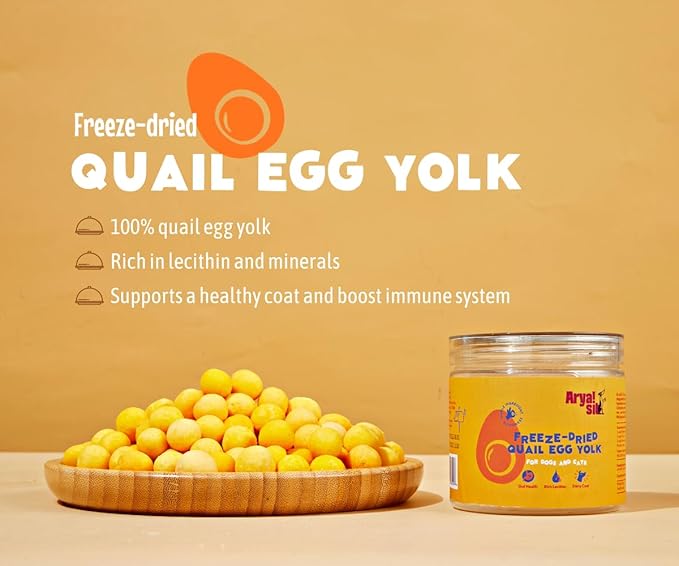 Arya Sit! - Freeze-Dried Single Ingredient Treat (Quail Egg Yolk) for Dogs and Cats - High Protein · Rich in Lecithin for Healthy Coat · No Artificial Ingredients · 4 oz/8 oz