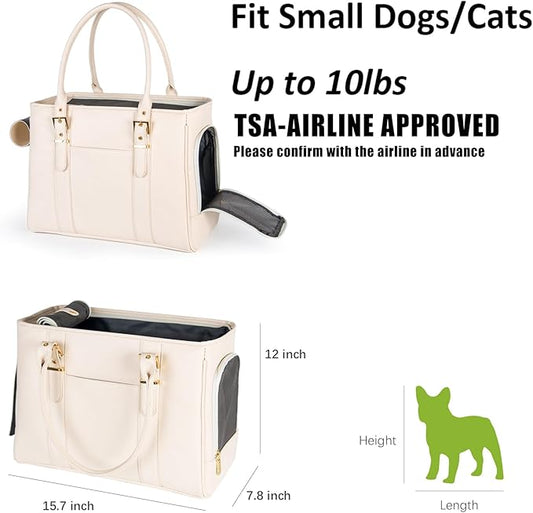 Fashion Pet Carrier Dog Purse Cat Bag Soft-Sided Carriers Travel Airline Approved, Stylish Leather Tote Handbag for Small Animal Puppy Kitten (White)