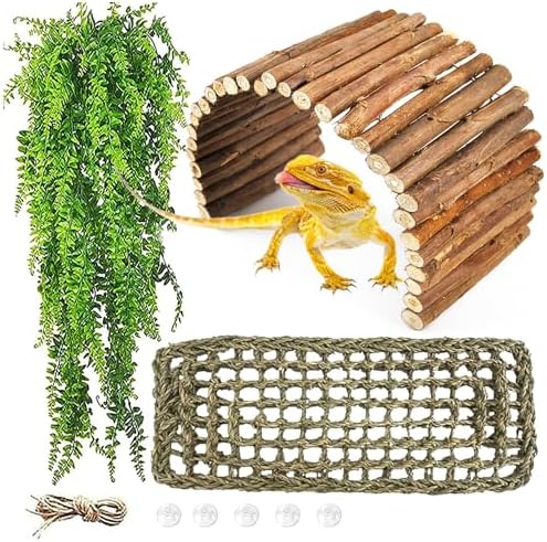 kathson Reptile Wooden Bridge,Bearded Dragon Hammock Decor Wood Reptile Hideout Hut Terrarium Hanging Plants Climbing Accessories Reptiles Hide Caves for Snake Gecko Lizard Tortoise (3 Pcs)