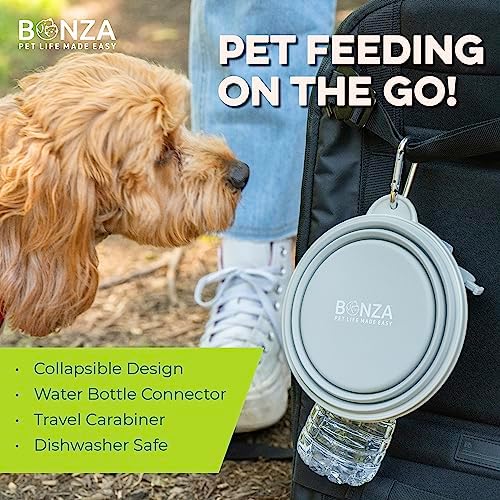 Bonza Collapsible Dog Bowls - Large 33 oz, Dog Travel Accessories, Silicone Portable Dogs Bowl & Water Dish with Reinforced Rim & Carabiner for Hiking, Camping, and Car Trips, Moss Green