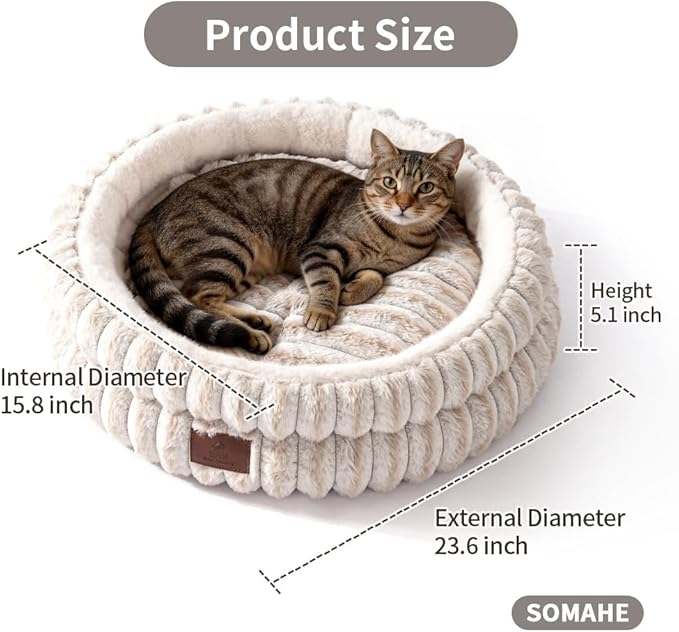 Cat Bed, Round Plush Faux Fur Donut Cuddler – Machine Washable Calming Cat Bed for Indoor Cats & Kittens, Removable Cushion Non-Slip Fluffy Kitten Bed, Cozy Small Cat Nest, 20" Inch White
