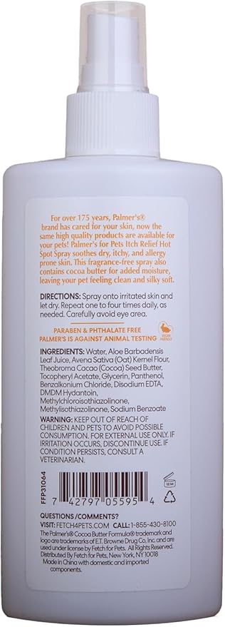 Palmer's for Pets Itch & Hot Spot Relief Spray with Cocoa Butter; Dog Skin Conditioner Spray with Vitamin E and Cocoa Butter, Skin Allergy Spray for Dogs, 8 Oz - 6 Pack