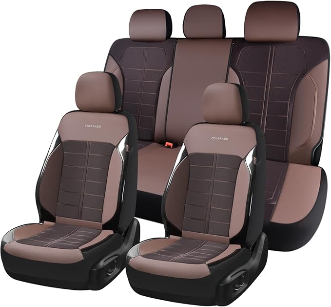 Coverado 3D Air Mesh Car Seat Cover Full Set, Sports Carbon Fiber Design, Breathable Seat Protectors Airbag Compatible Comfort Universal for Most Cars, Van,Trucks, SUV, Brown