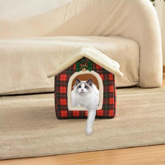 Christmas Cat Bed for Indoor Cats Plaid Xmas Cat Tent Cats Bed Cave for Pets Kittens and Dogs (Christmas Plaid, L (20.5 X 17 X 19.7 Inch))