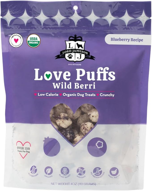 Lord Jameson Wild Berri | Light & Crunchy Love Puffs Collection | Organic Dog Treats, Blueberry Recipe, Gluten-Free, Preservative-Free, USDA Certified Organic. Made in USA