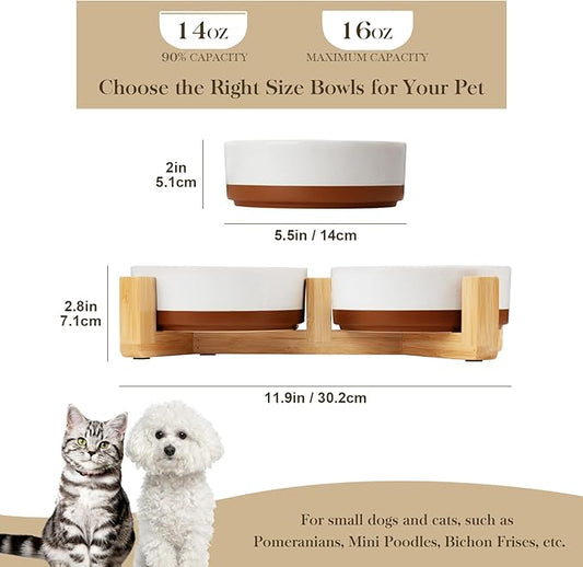 MALACASA Ceramic Dog Bowls Small Size Dog with Wood Stand, 1.5-Cup Ceramic Puppy Bowls for Cats & Small Dogs, Dual Food and Water Bowls with Weighted Non-Slip Base, Glaze Matte,14 Oz