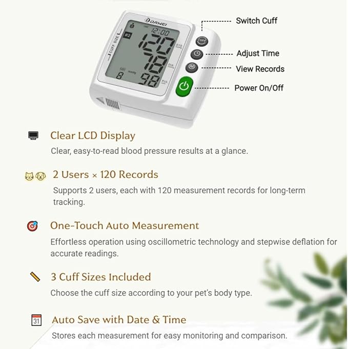 Wearable Pet Blood Pressure Monitor for Cats & Dogs, Automatic Oscillometric Veterinary BP & Heart Rate Monitor, 3 Adjustable Cuffs 4.2–15cm, Dual-User 120 Memory, Portable Home & Vet Clinic Use