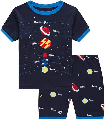 Popshion Boys Pajamas 100% Cotton Toddler Clothes Summer Pjs for Boy Planet Dinosaur Sleepwear Kids Short Sets 2-10 Years