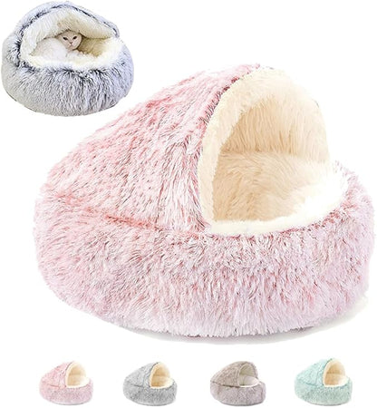 Keep Warm Lapcatz Nest Bed, Cat Bed Round Fluffy Hooded Cat Bed Cave, Anti-Slip Bottom and Machine Washable,Removable Washable Round Beds for Small Medium Pets (Pink,Medium)