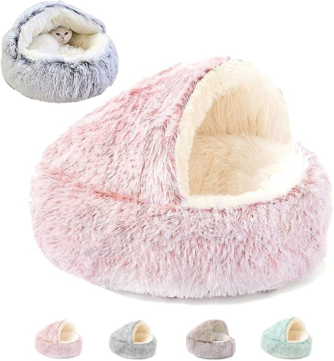 Keep Warm Lapcatz Nest Bed, Cat Bed Round Fluffy Hooded Cat Bed Cave, Anti-Slip Bottom and Machine Washable,Removable Washable Round Beds for Small Medium Pets (Pink,100cm/39.4inch)