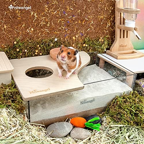 Niteangel Small Animal Sand-Bath Box: - Acrylic Critter's Sand Bath Shower Room & Digging Sand Container for Hamsters Mice Lemming Gerbils or Other Small Pets (Rectangle, Birch-Wood)