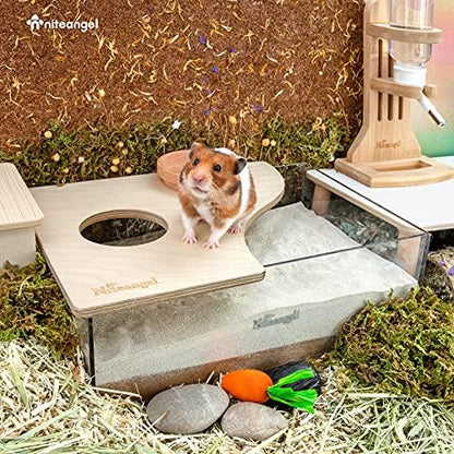 Niteangel Small Animal Sand-Bath Box: - Acrylic Critter's Sand Bath Shower Room & Digging Sand Container for Hamsters Mice Lemming Gerbils or Other Small Pets (Rectangle, Birch-Wood)