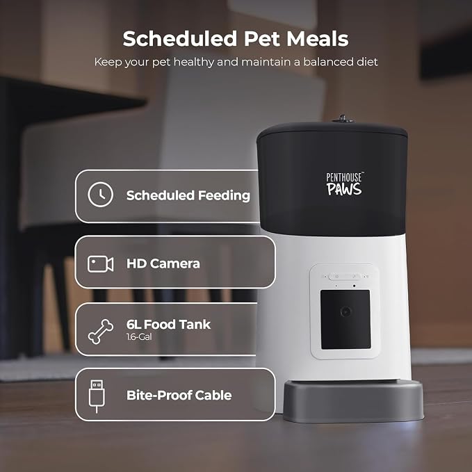 Smart HD Pet Feeder, 6L Dry Food Capacity, 1080p Camera, 2-Way Audio, Scheduled Meals, Backup Power, Easy to Clean, Anti-Jam Design for Cat & Dog, White/Stainless Steel