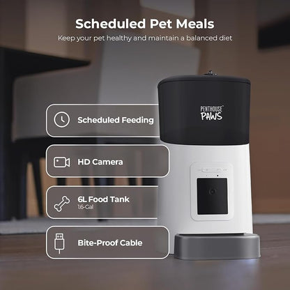 Smart HD Pet Feeder, 6L Dry Food Capacity, 1080p Camera, 2-Way Audio, Scheduled Meals, Backup Power, Easy to Clean, Anti-Jam Design for Cat & Dog, White/Stainless Steel