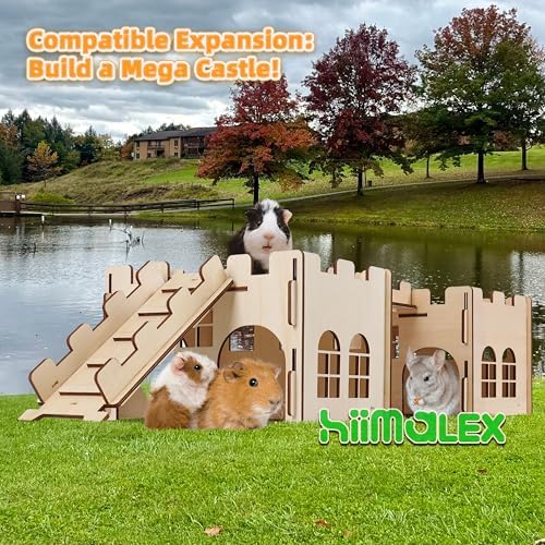 HIIMALEX Sturdy Guinea Pig Hideout Wooden Castle for Guinea Pig Chinchilla Hedgehog Gerbil Hamster Rat House Habitat for Playing and Hiding (Castle with Ramp & Mat)