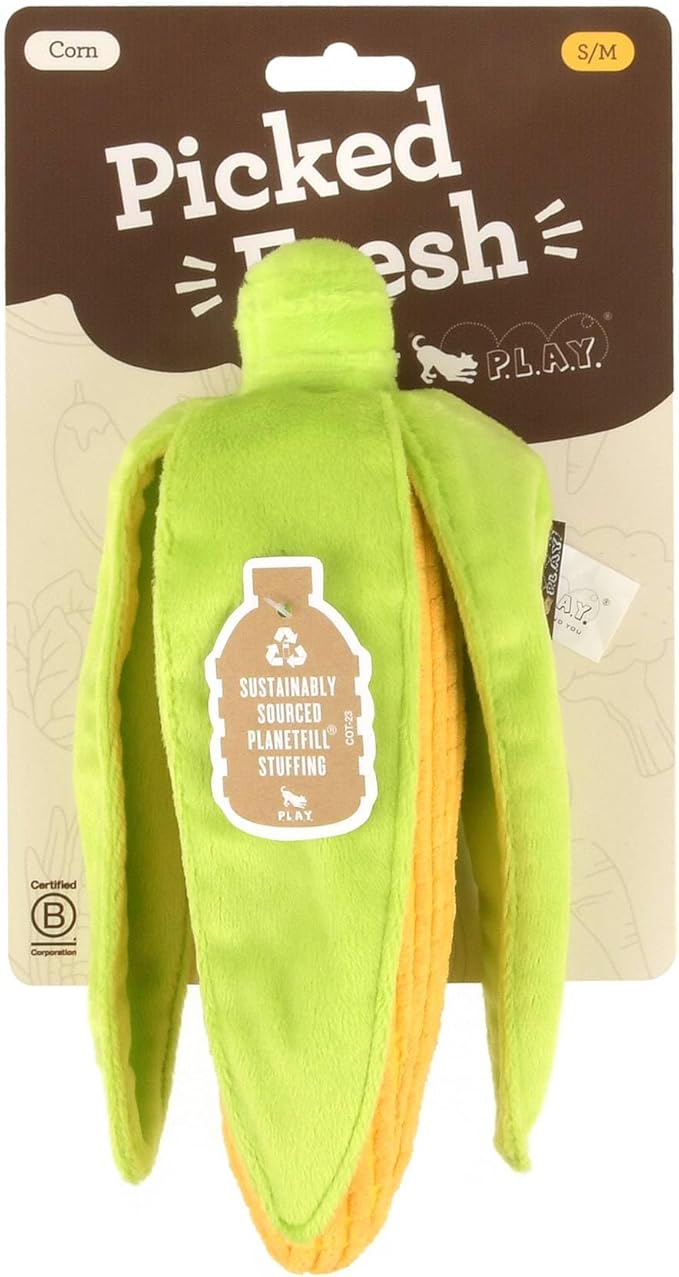 P.L.A.Y. Cute Plush Dog Toys - Vegetable Themed Durable Squeaker Crinkle Plush Chew Toy, Great for Puppies & Small, Medium, Large Dogs - Machine Washable, Recycled Materials (Farm Fresh Corn)