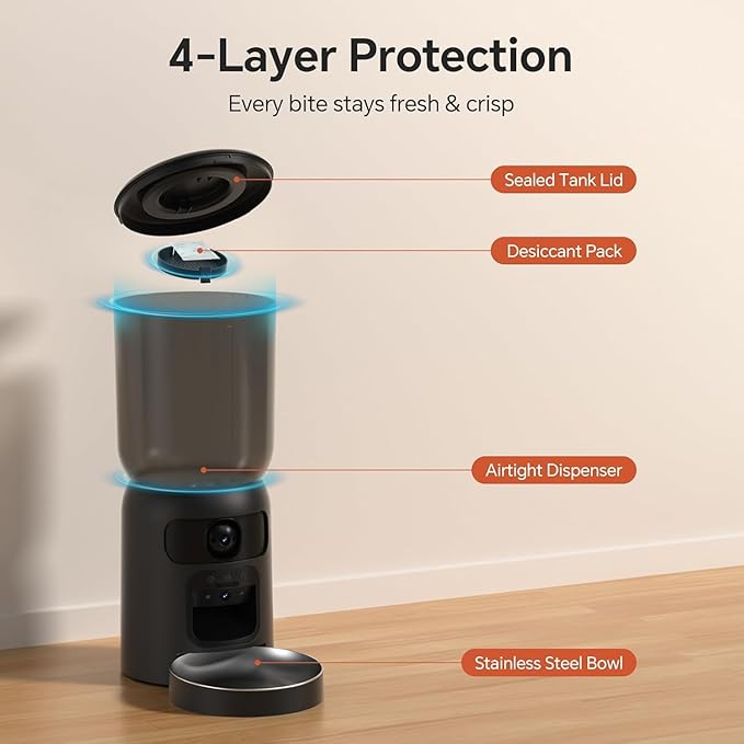 5G WiFi Automatic Cat Feeder with Two Camera: Automatic Pet Feeder with Laser Pointer, Cat Food Dispenser with Night Vision for Multiple Pet, Detachable for Easy Clean -24 Cup -6L Storage