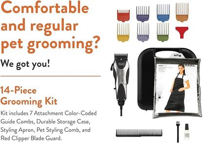 Wahl Pro Animal Deluxe U-Clip - Dog & Cat Trimmer with 3 Cutting Lengths & 7 Attachment Combs - Premium Grooming Tools for Light & Medium Coats - Black & Chrome