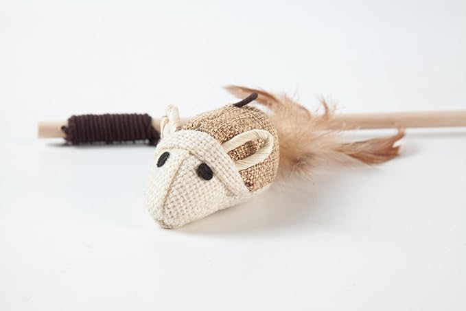 Cat Teaser Cat Kitten Toys Set Natural Sisal Wand Teasers with Mouse, Bell, Feather, Elastic String, and Sturdy Wood Rod