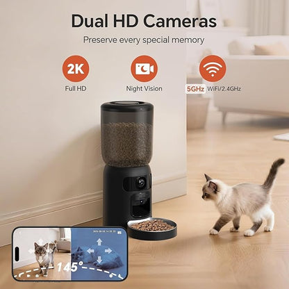 5G WiFi Automatic Cat Feeder with Two Camera: Automatic Pet Feeder with Laser Pointer, Cat Food Dispenser with Night Vision for Multiple Pet, Detachable for Easy Clean -24 Cup -6L Storage
