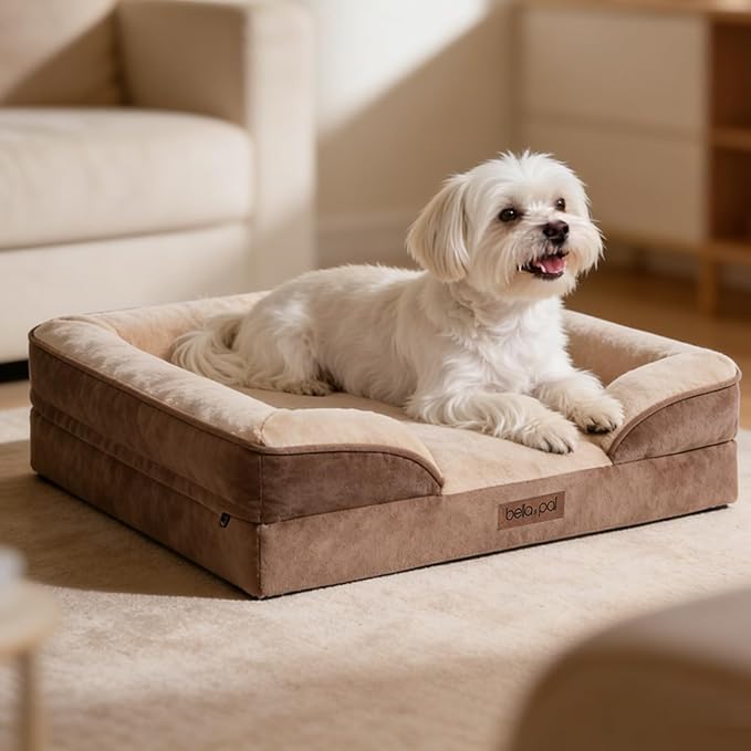 BELLA & PAL Orthopedic Dog Sofa Bed for Medium/Large Dogs – No Assembly Needed, Chew-Proof Egg-Crate Foam Dog Couch with Waterproof Liner, Washable Removable Cover (Brown, 28" L x 23" W x 6" Th)