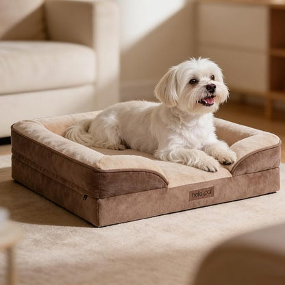 BELLA & PAL Orthopedic Dog Sofa Bed for Medium/Large Dogs – No Assembly Needed, Chew-Proof Egg-Crate Foam Dog Couch with Waterproof Liner, Washable Removable Cover (Brown, 28" L x 23" W x 6" Th)