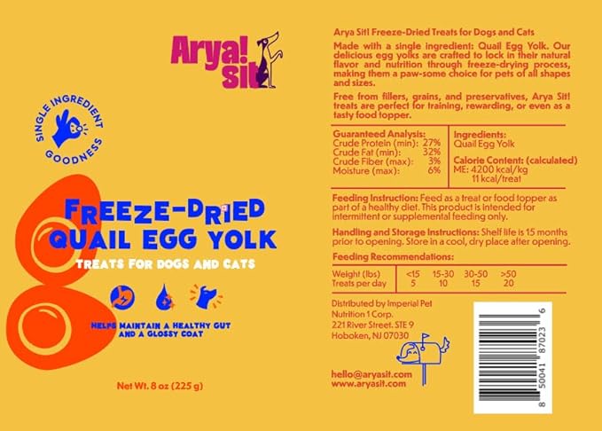 Arya Sit! - Freeze-Dried Single Ingredient Treat (Quail Egg Yolk) for Dogs and Cats - High Protein · Rich in Lecithin for Healthy Coat · No Artificial Ingredients · 4 oz/8 oz