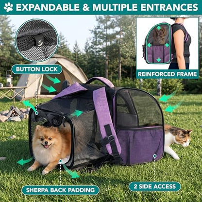 PetAmi Expandable Dog Backpack Carrier for Cats & Pets, Breathable Cat Carrier Backpack with Top Window & Multi-Entry, Ventilated Foldable Travel Carrier for Small Medium Pets up to 18 lbs, Purple