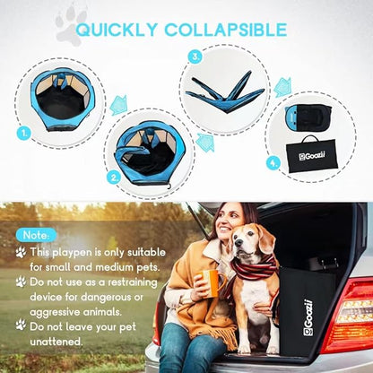 GOOZII Portable Dog Playpen Indoor Outdoor, Collapsible Pet Dog Playpen with Zipper Top Cover, Cat Puppy Bunny Kitten Exercise Play Pen Tent for Beach RV Car (Medium Size,Black Blue)